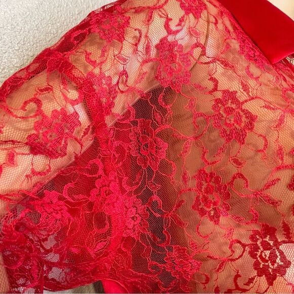 Vintage Victoria’s Secret Gold Label Lace  Front Button Up Sleep Shirt Red Large - Picture 6 of 12